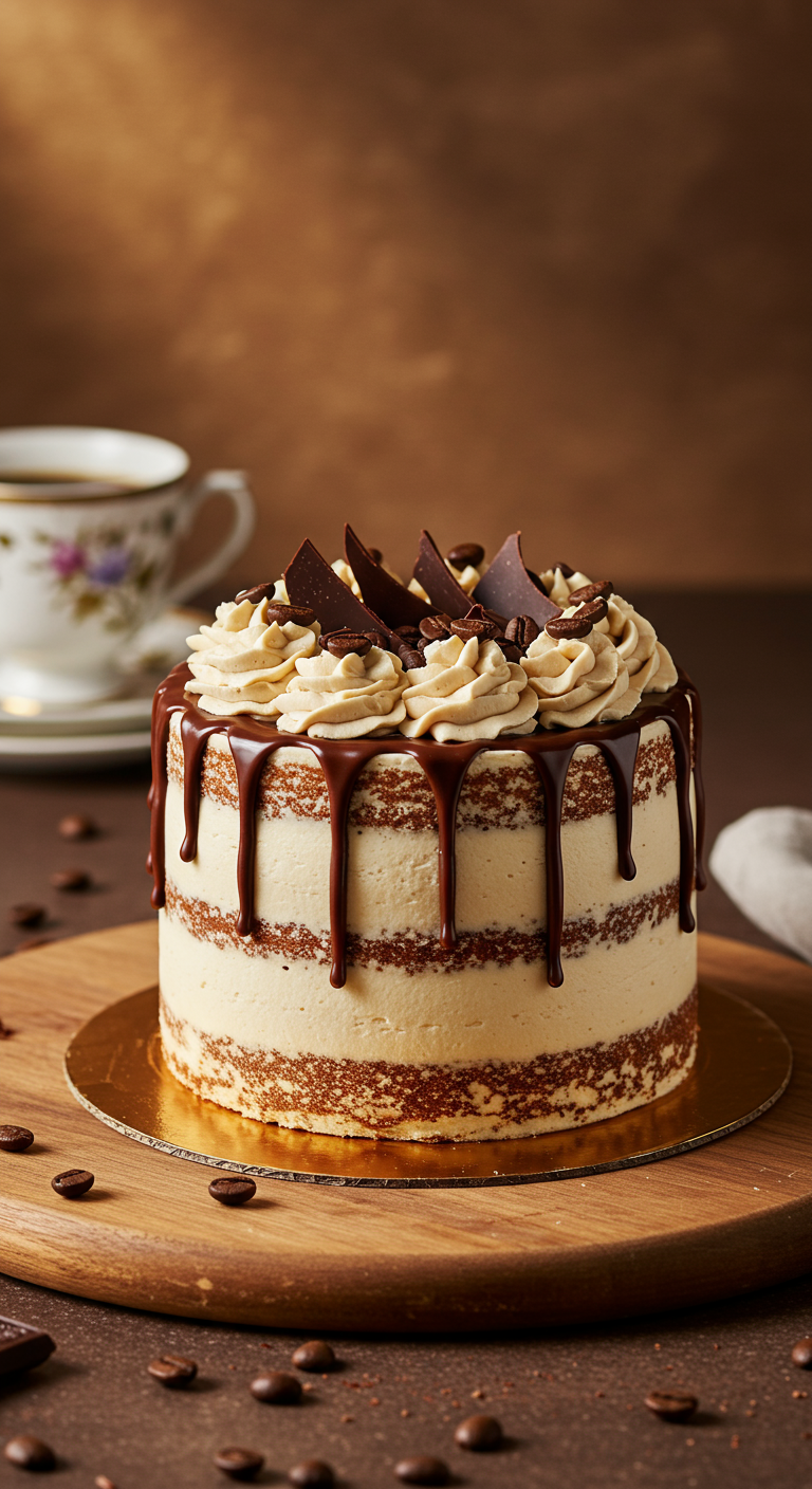 Kleiner Kaffeekuchen mit Schokoladen-Drip, Sahnetupfern und Kaffeebohnen.