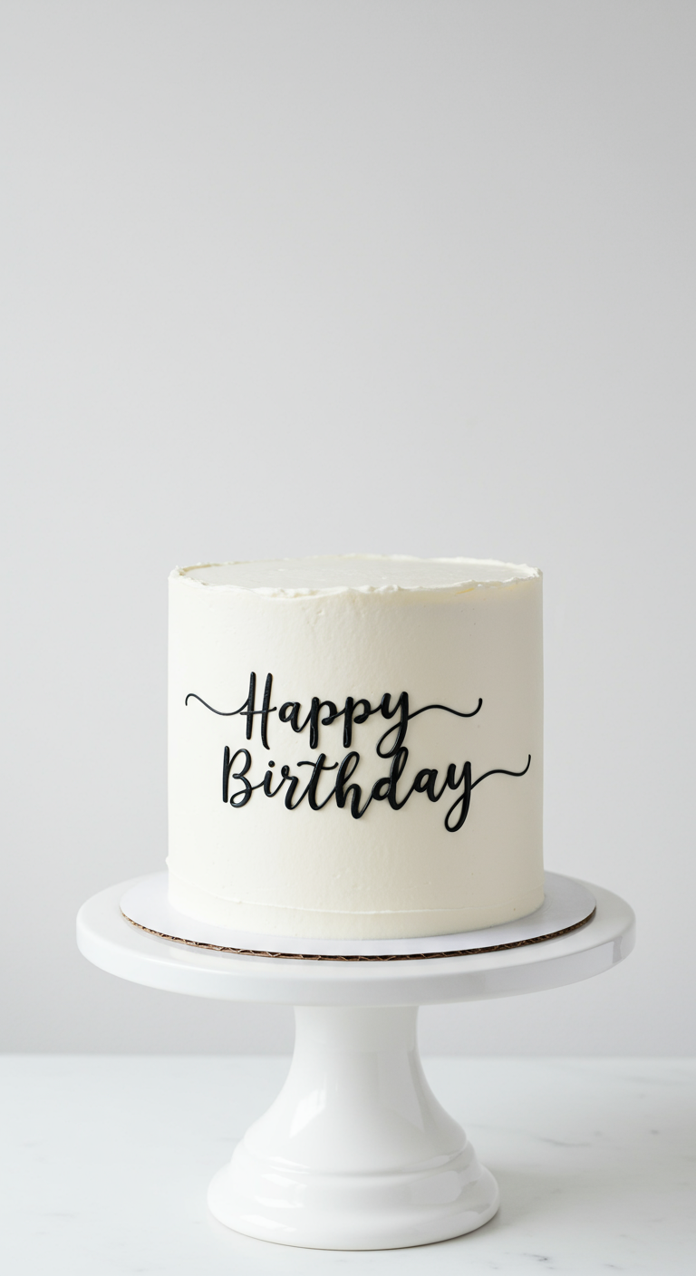 Schlichte weiße Torte mit schwarzem „Happy Birthday“-Schriftzug auf einem weißen Tortenständer.