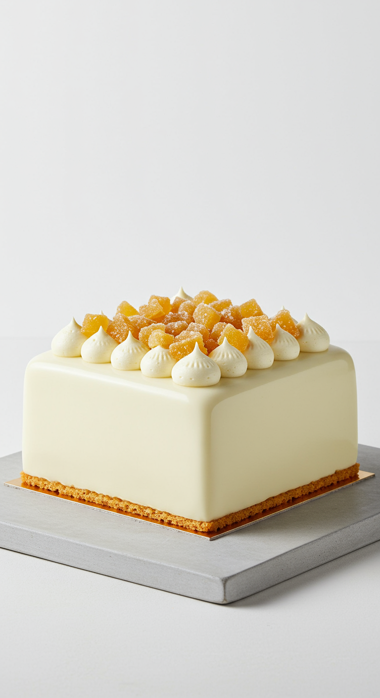 Quadratische weiße Torte mit kandiertem Ingwer und Cremetupfen.