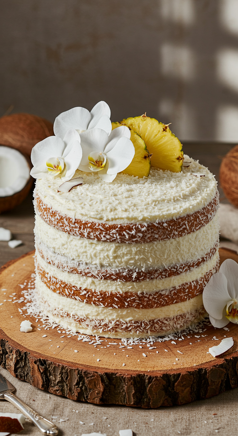 Naked Cake mit viel Kokosraspeln, Ananasscheiben und weißen Orchideen.