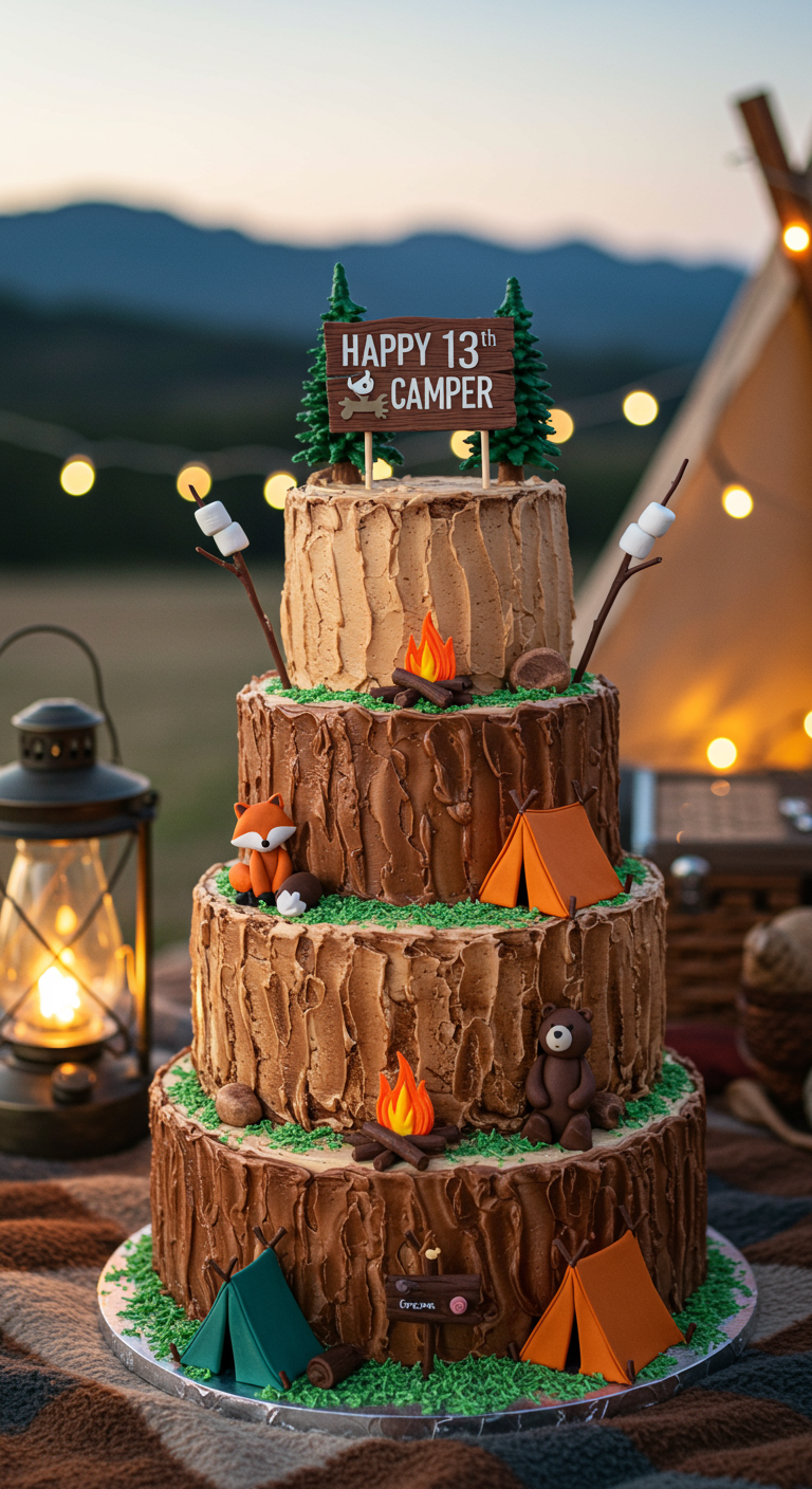 Mehrstöckige Torte im Baumstamm-Look mit Zelten, Lagerfeuer und Waldtieren.