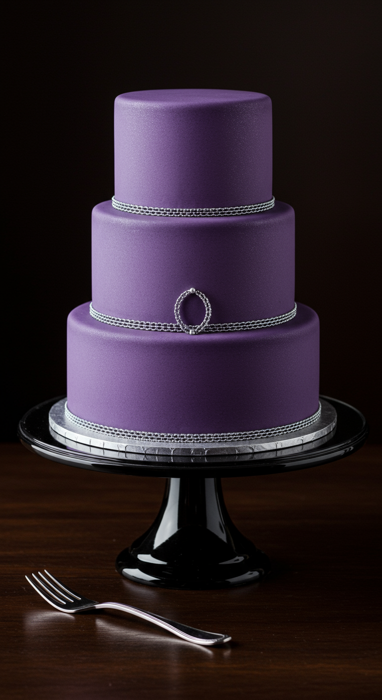 Dreistöckige lila Torte mit schmalen silbernen Bändern um jede Etage.