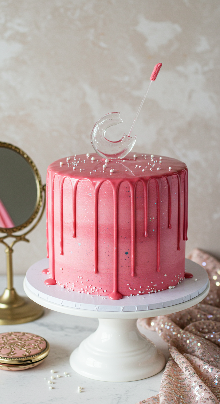 Pinke glänzende Torte mit Drip-Effekt, Zuckerperlen und Lipgloss-Applikator-Topper.