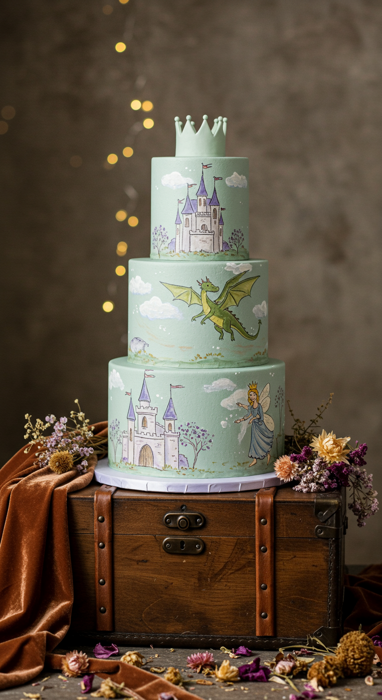 Dreistöckige grüne Torte mit handgemalten Märchenmotiven