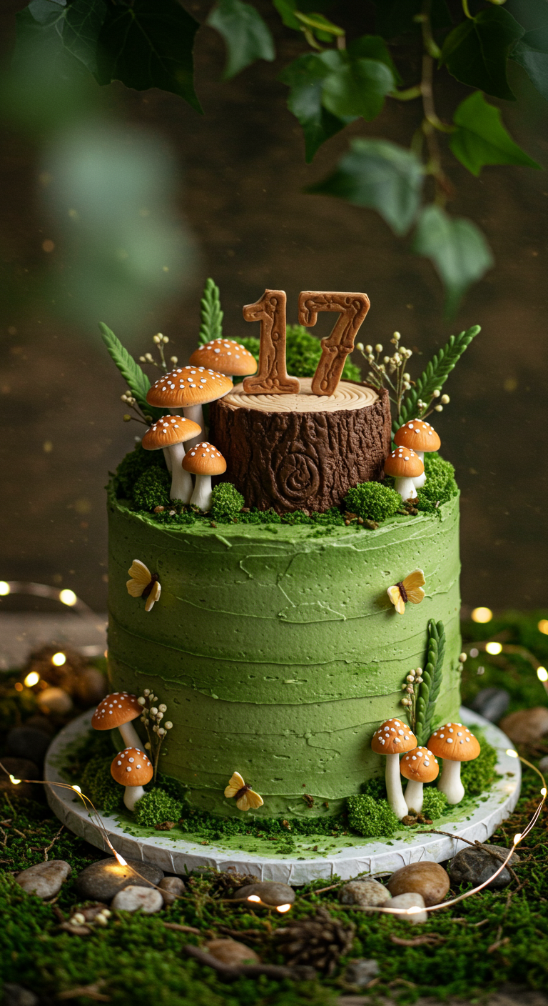 Grüne Waldtorte mit Pilzen, Baumstumpf-Topper mit Zahl 17.