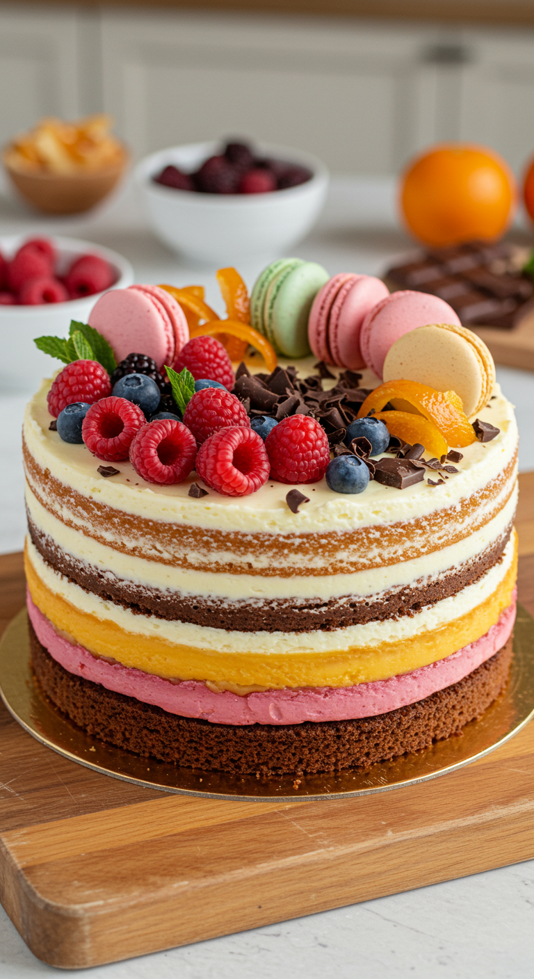 Naked Cake mit bunten Schichten, belegt mit Macarons, Beeren und Schokostückchen.