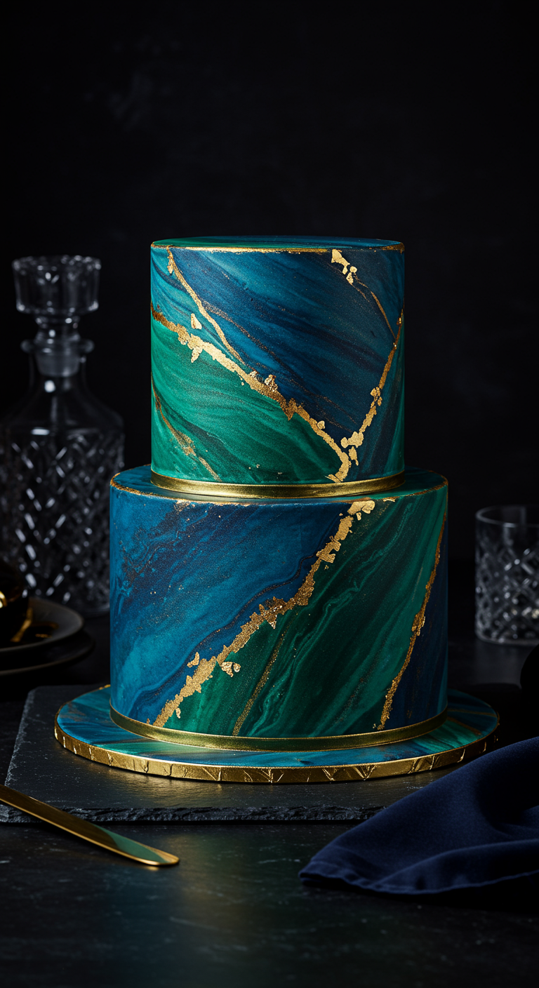 Zweistöckige Torte mit blau-grünem Marmor-Effekt und goldenen Adern, sehr edel und modern.
