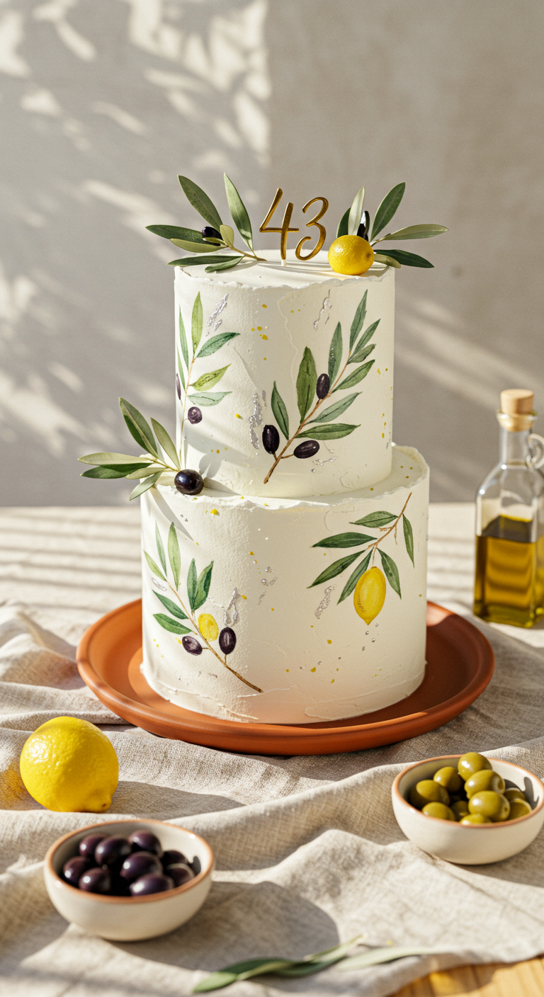 Weiße Torte mit Olivenzweigen, Zitronen und