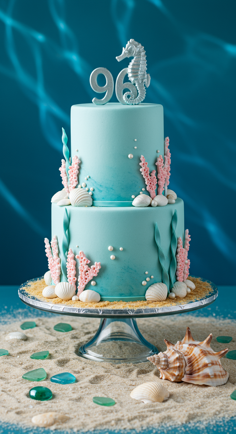 Zweistöckige blaue Torte mit Meeresmotiven wie Korallen und Muscheln.
