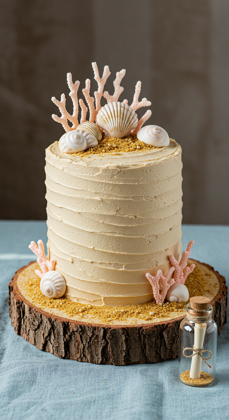Beige Torte mit strukturierter Buttercreme, dekoriert mit essbaren Muscheln und Korallen.