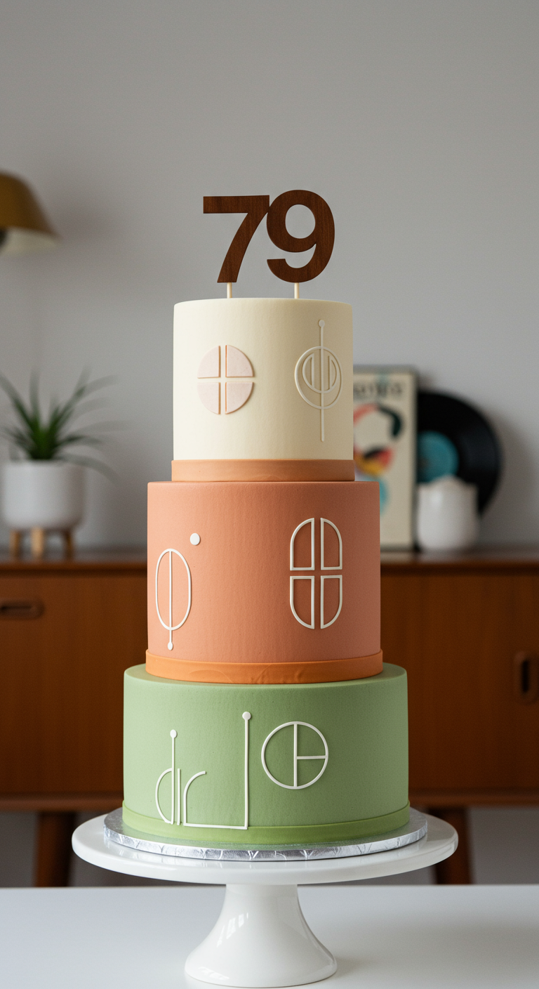 Dreistöckige Torte in Pastellfarben (Beige, Orange, Grün) mit minimalistischen Mustern und Zahl 79.