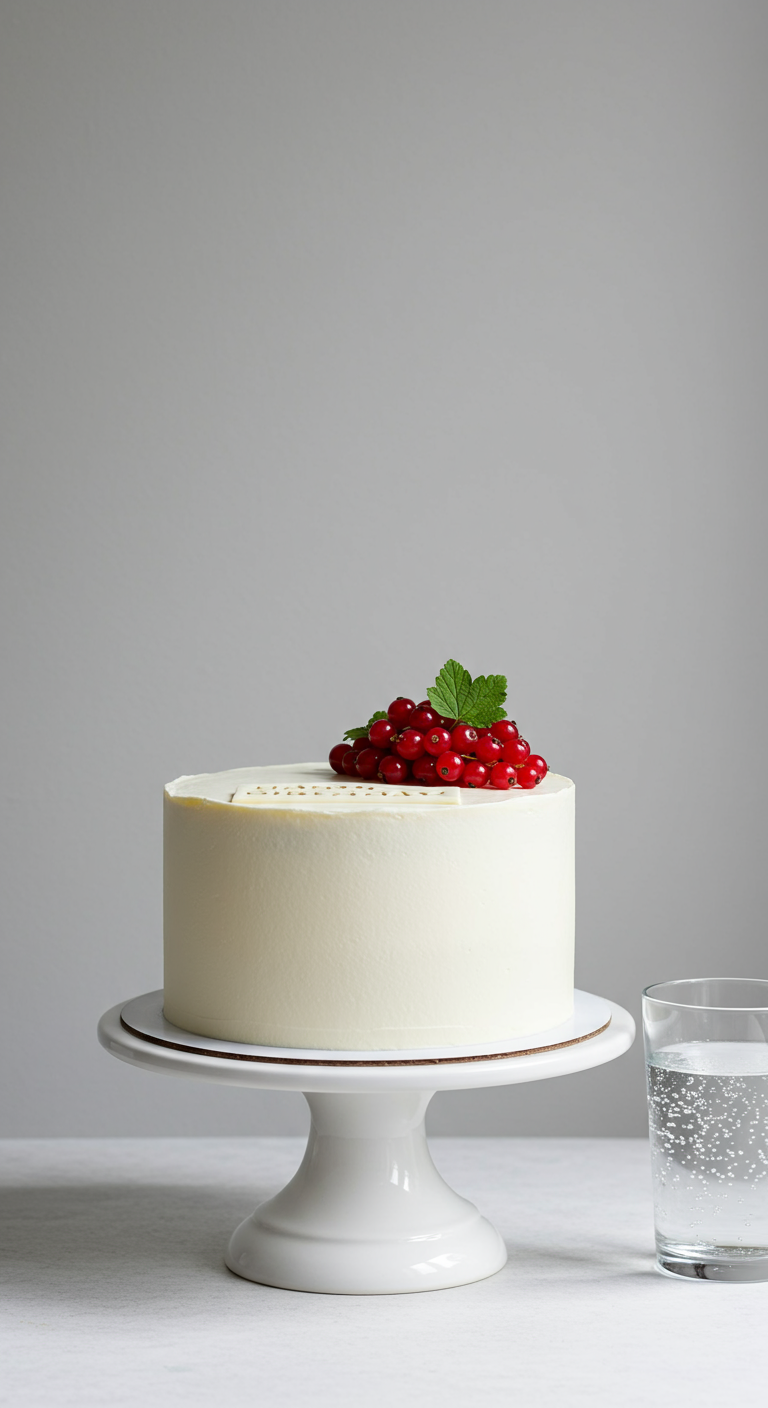 Sehr schlichte weiße Torte mit einem kleinen Bund Johannisbeeren.