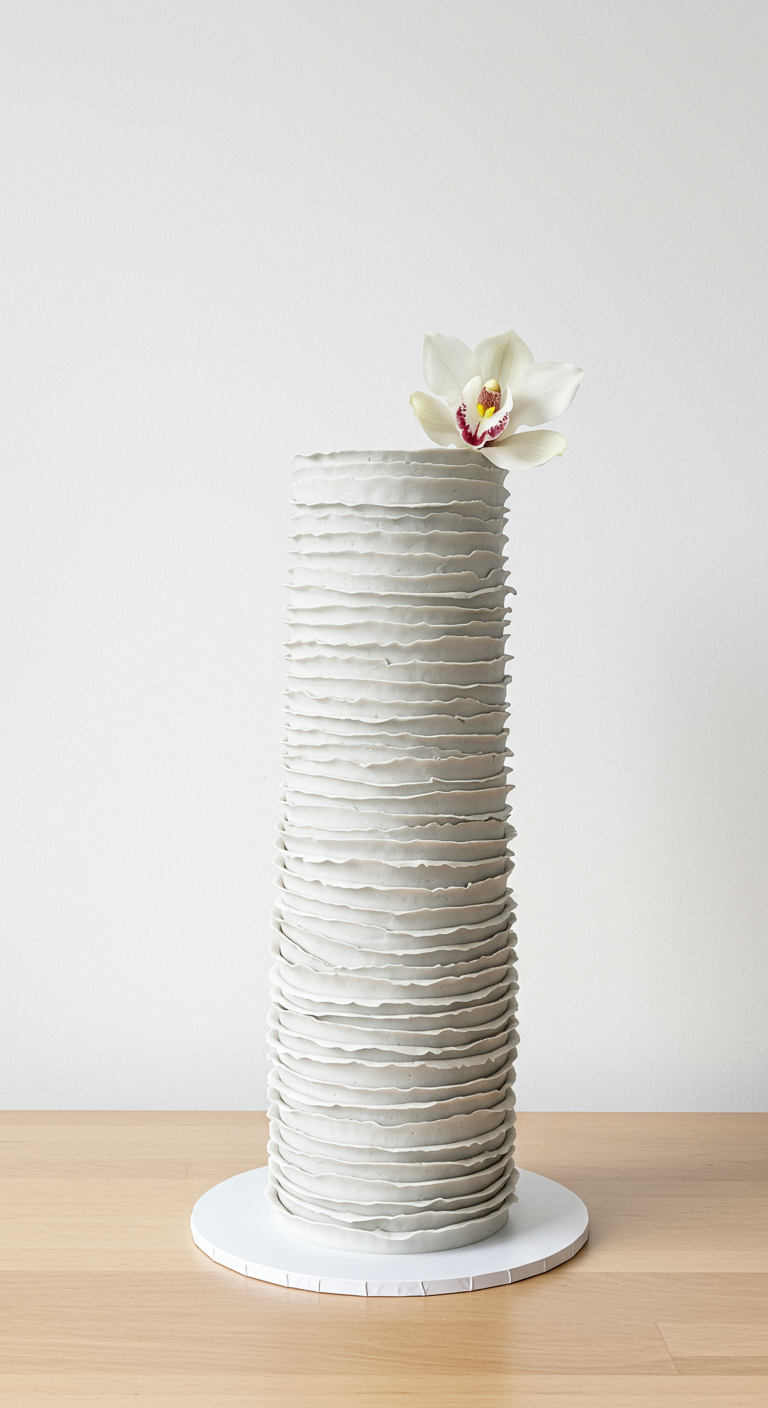 Extra hohe, schmale graue Torte mit feinen horizontalen Wellen, dekoriert mit einer einzelnen weißen Orchidee.