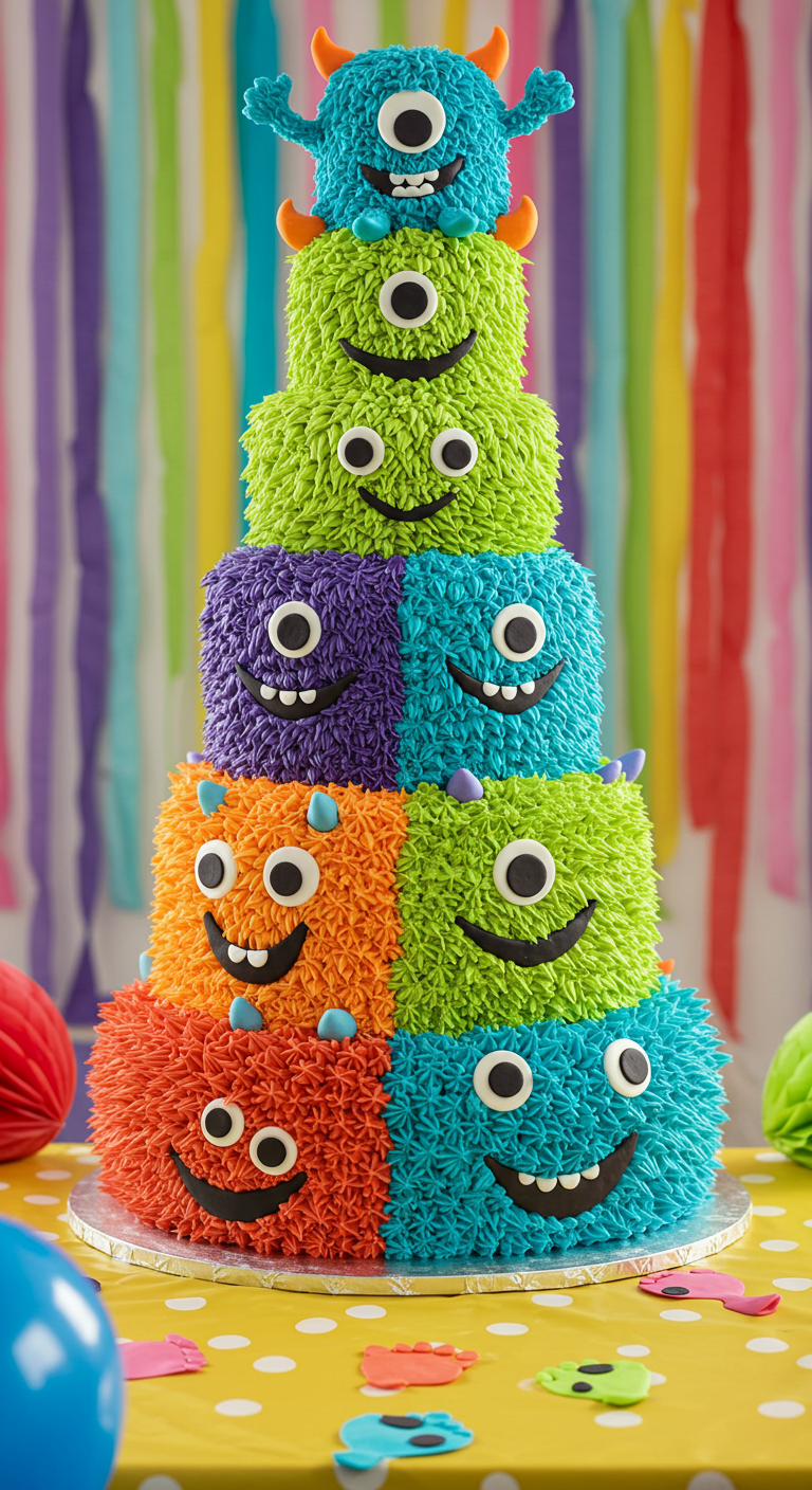 Bunte, mehrstöckige Monstertorte mit Buttercreme-Fell und lustigen Gesichtern.