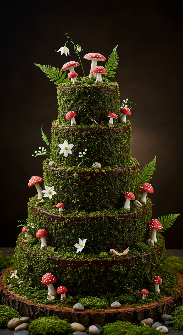 Mehrstöckige Schokotorte komplett mit grünem „Moos“ bedeckt, dekoriert mit Fliegenpilzen und Farn.