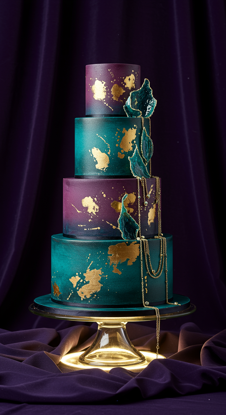 Mehrstöckige Torte in Petrol und Lila mit Gold-Splatter und hängenden Ketten.