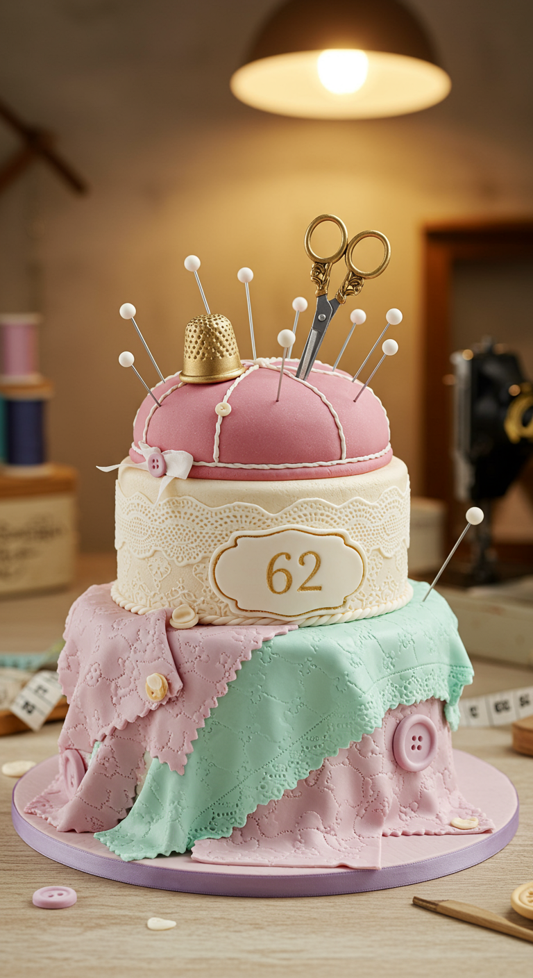 Zweistöckige Torte als Nähkasten mit Nadelkissen, Knöpfen und Schere aus Zucker.