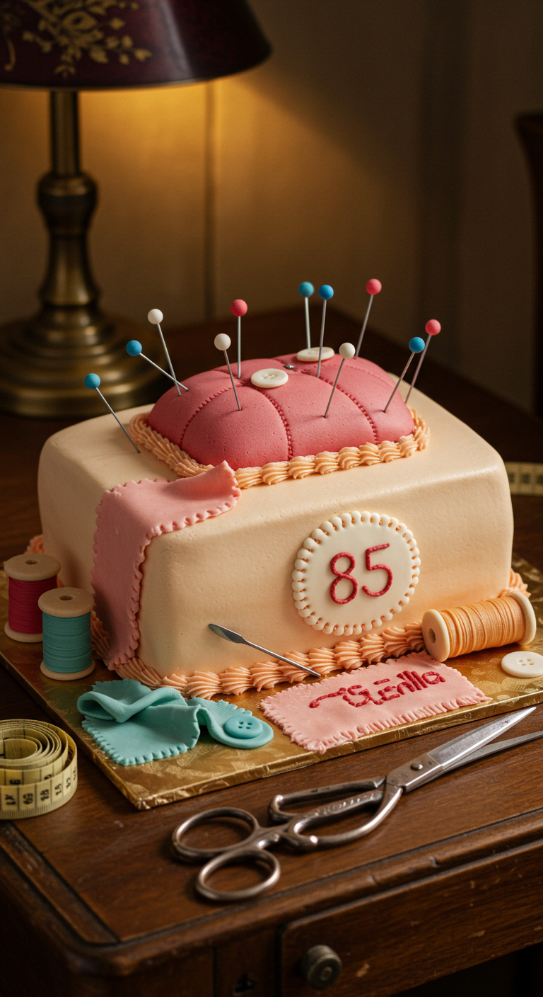 Rechteckige Torte gestaltet als Nähkasten mit Nadelkissen, Garnrollen und Schere.