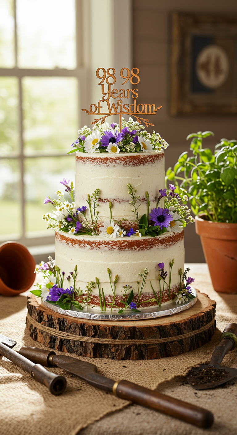 Zweistöckiger Naked Cake mit Blumen und Holz-Topper 