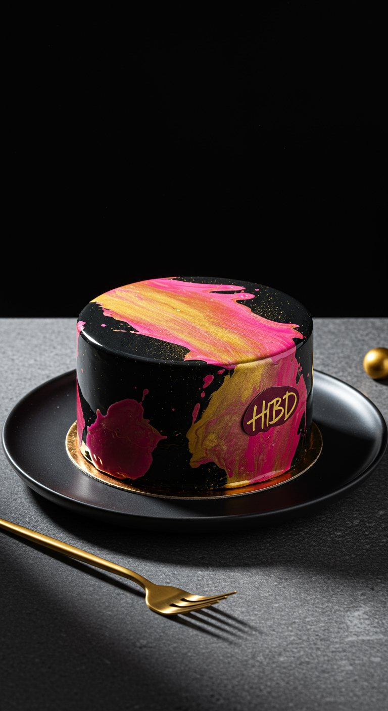 Schwarze Torte mit Hochglanz-Glasur und pink-goldenen Farbspritzern, HBD-Schild.