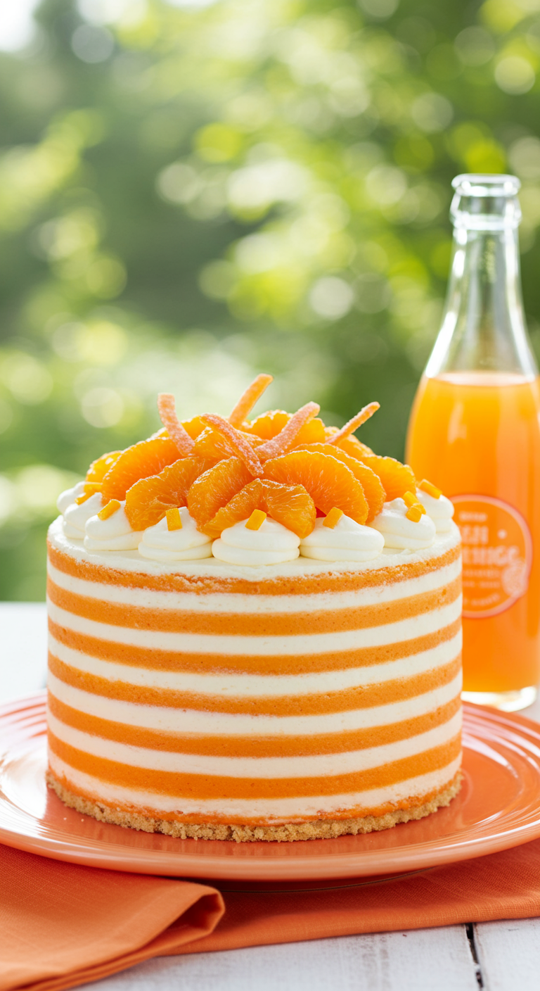 Gestreifte orange-weiße Torte mit Sahnetuffs, Mandarinenspalten und kandierten Orangenzesten.