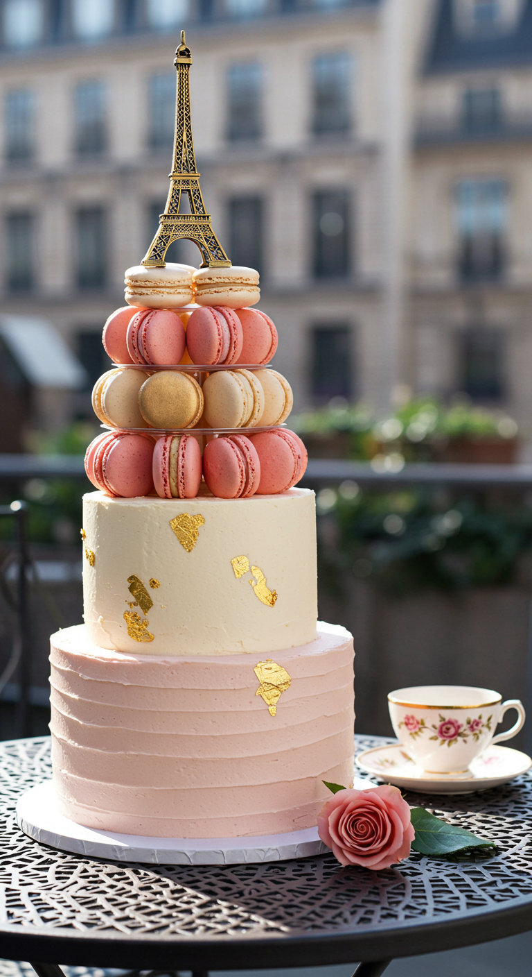 Zweistöckige rosa-weiße Torte mit Macaron-Turm, Eiffelturm-Topper und Goldakzenten.