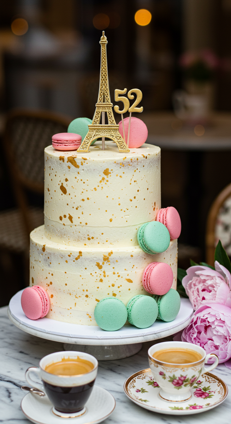 Zweistöckige Torte mit Macarons, Goldspritzern und Eiffelturm-52-Topper.