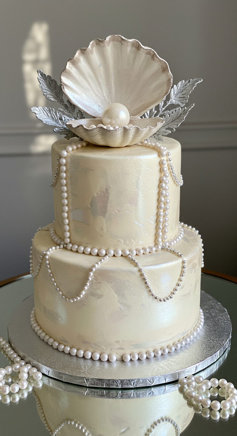 Zweistöckige, perlmuttfarbene Torte mit Zuckerperlenketten und einer Auster mit Perle.