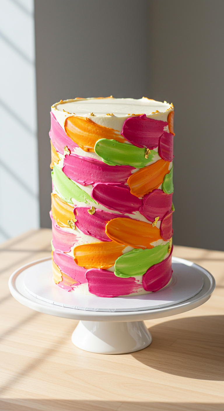 Weiße Torte mit bunten Buttercreme-Pinselstrichen in Pink, Orange und Grün, mit Goldflocken.