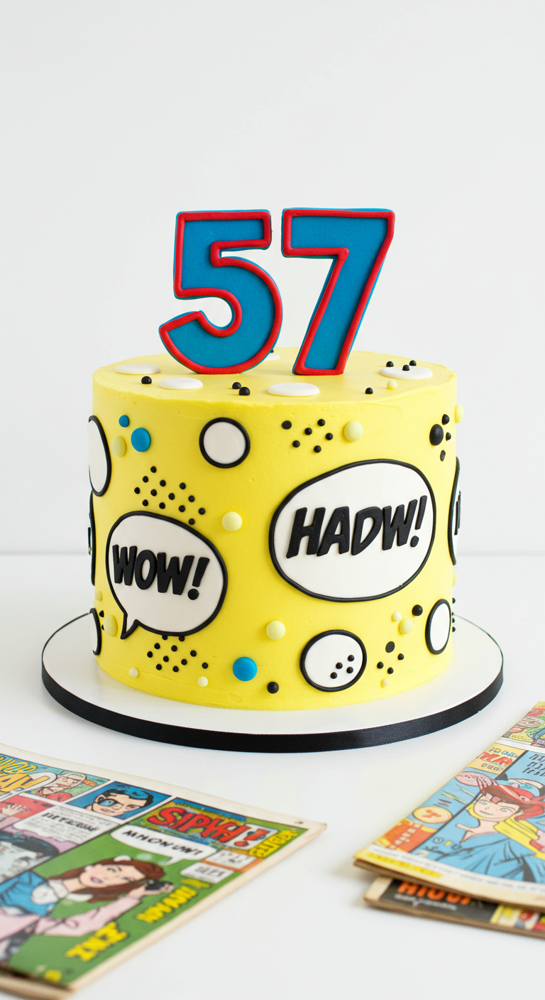 Gelbe Torte im Comic-Stil mit Sprechblasen und der Zahl 57.
