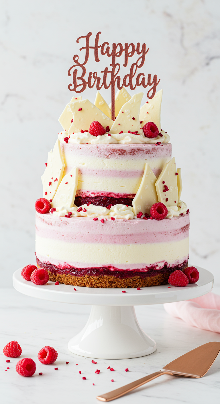 Zweistöckige Himbeer-Weißeschokolade-Torte mit Schokosplittern und frischen Himbeeren.