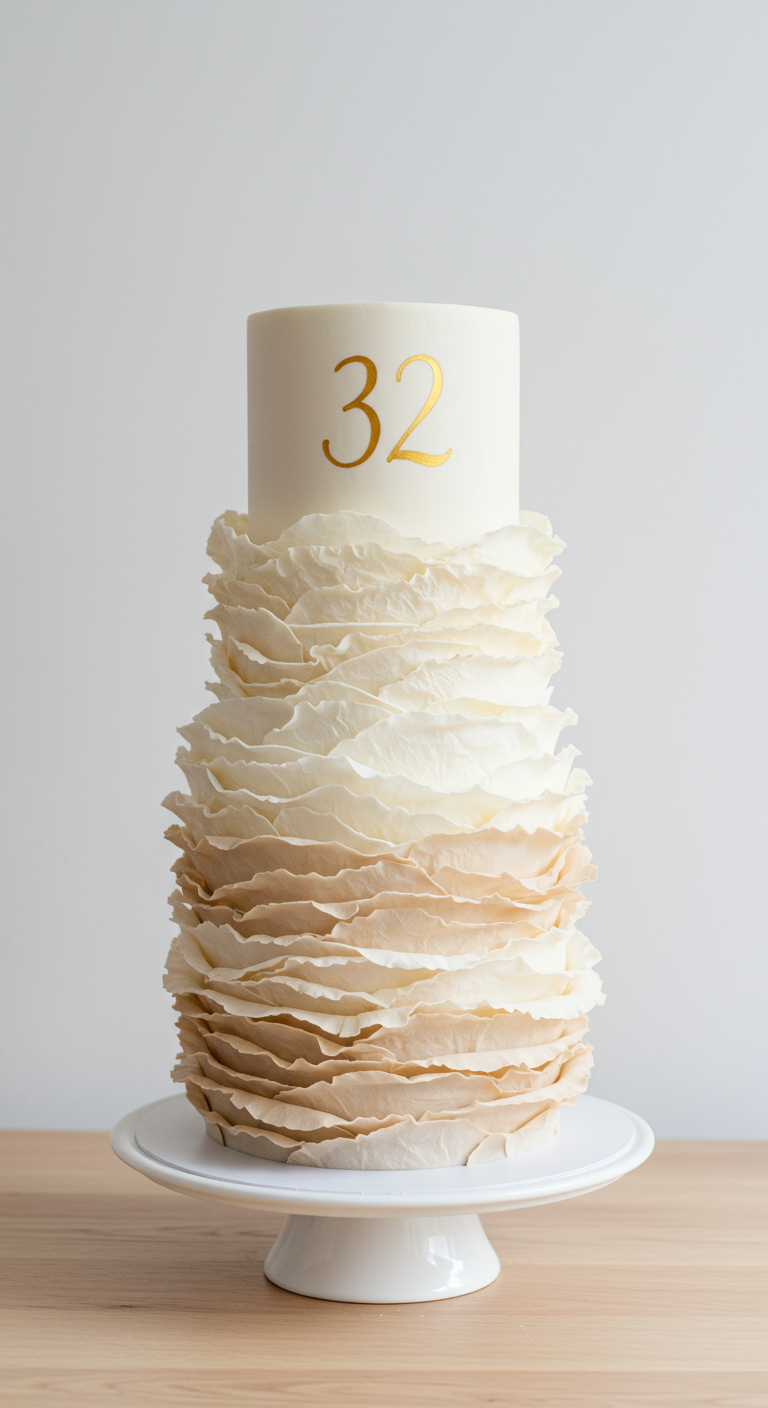 Hohe Torte mit cremefarbenen bis beigen Ombré-Rüschen und goldener Zahl 32.