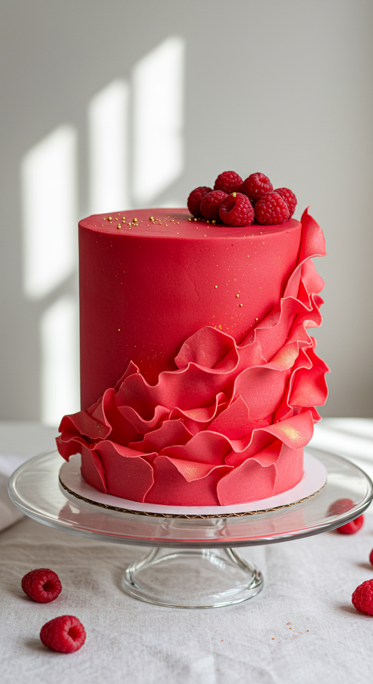 Rote Torte mit Rüschen-Dekor und frischen Himbeeren.