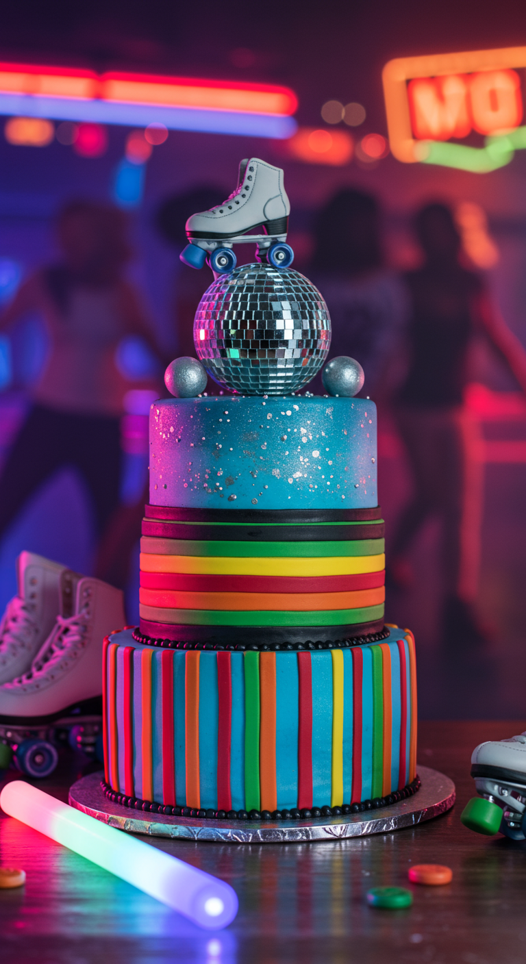 Mehrstöckige Torte im Roller-Disco-Stil mit Discokugel, Rollschuh und bunten Streifen.