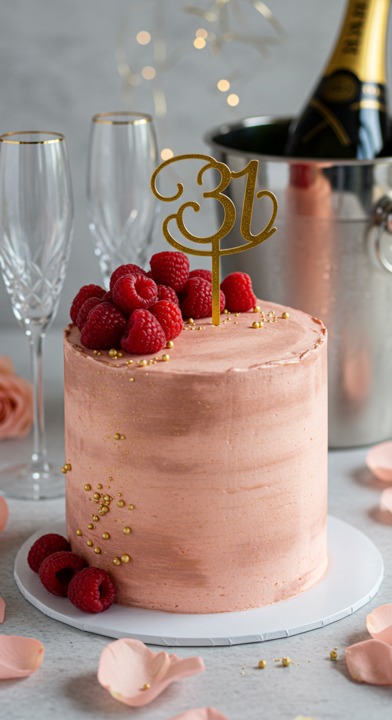 Rosa Torte mit Himbeeren, Goldstreuseln und „31“-Topper.
