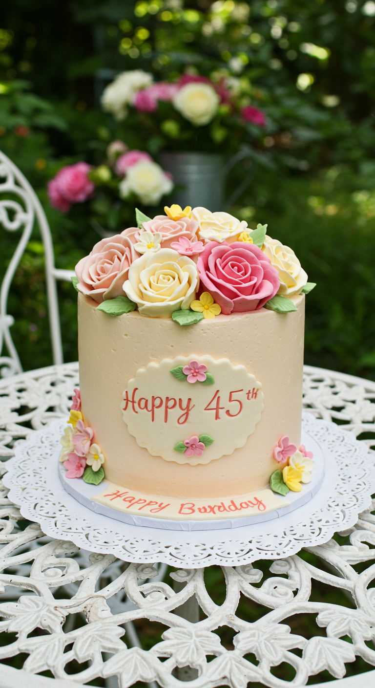 Hohe Torte in zartem Beige mit Buttercreme-Rosen in Rosa- und Gelbtönen.