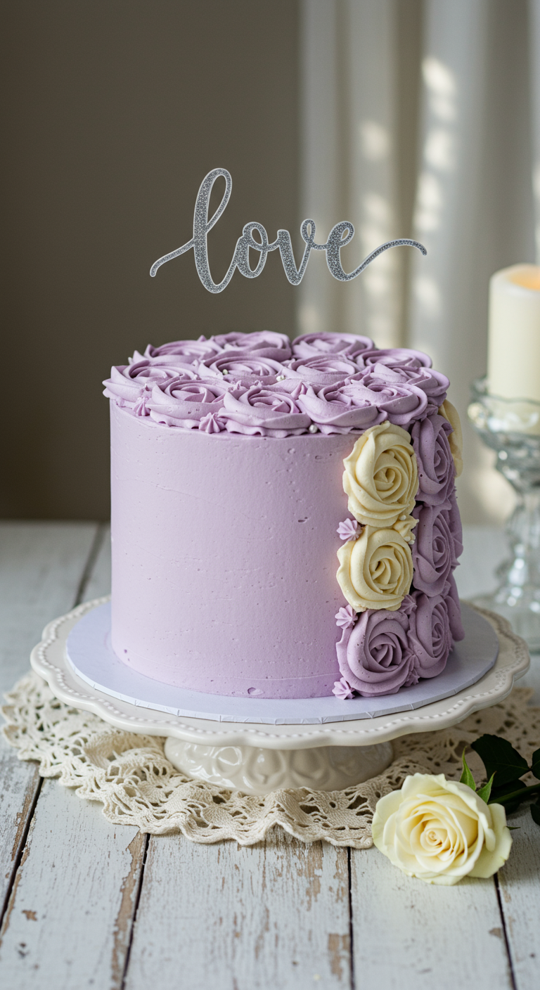 Lila Buttercreme-Torte mit aufgespritzten Rosen-Swirls und 'love'-Topper.