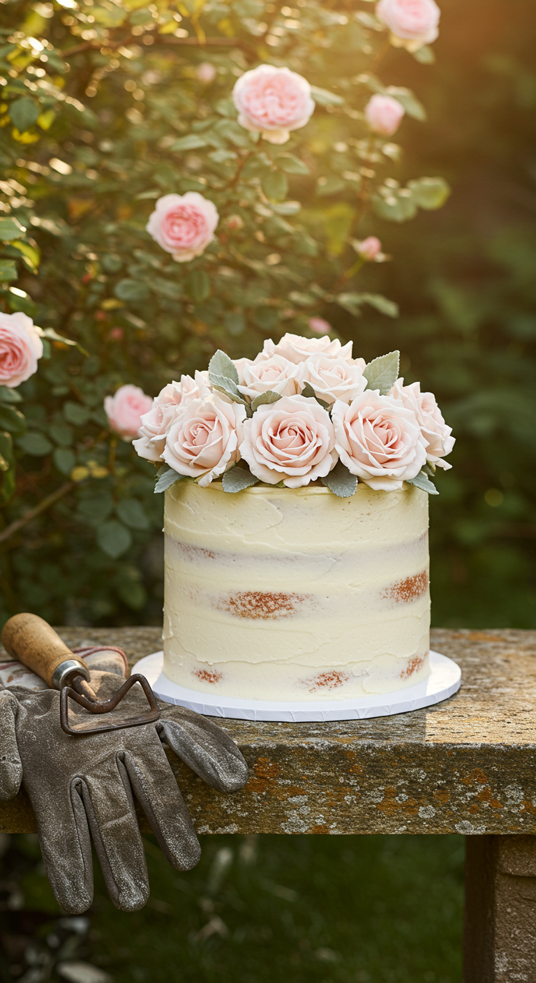 Einstöckige Semi-Naked-Torte, getoppt mit einem üppigen Bouquet aus blassrosa Rosen.