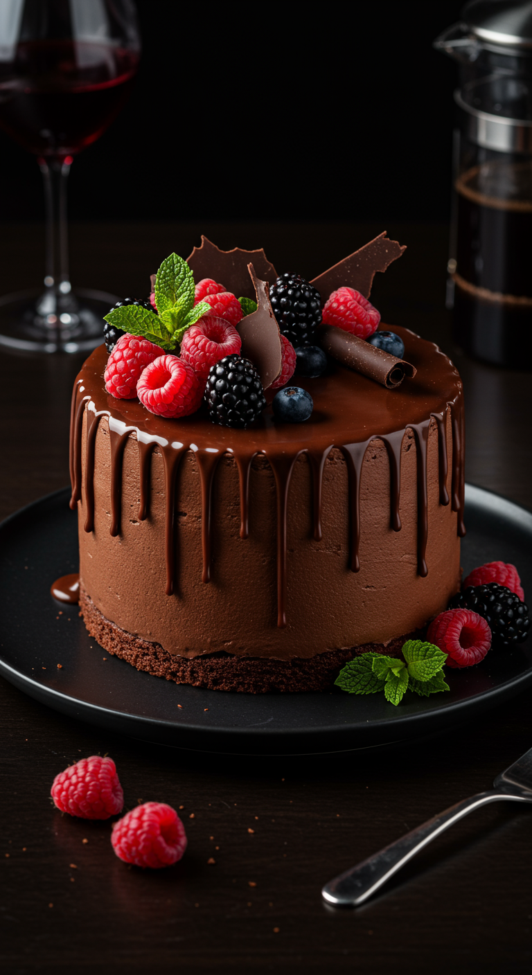 Schokoladen-Drip-Cake mit frischen Beeren und Minze.