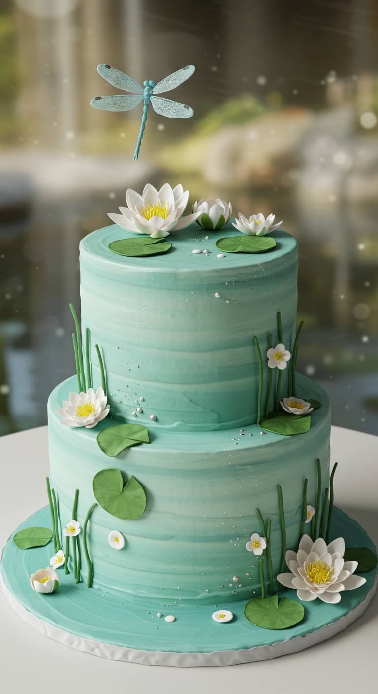 Türkisfarbene zweistöckige Torte dekoriert mit Seerosen, Blättern und einer Libelle.