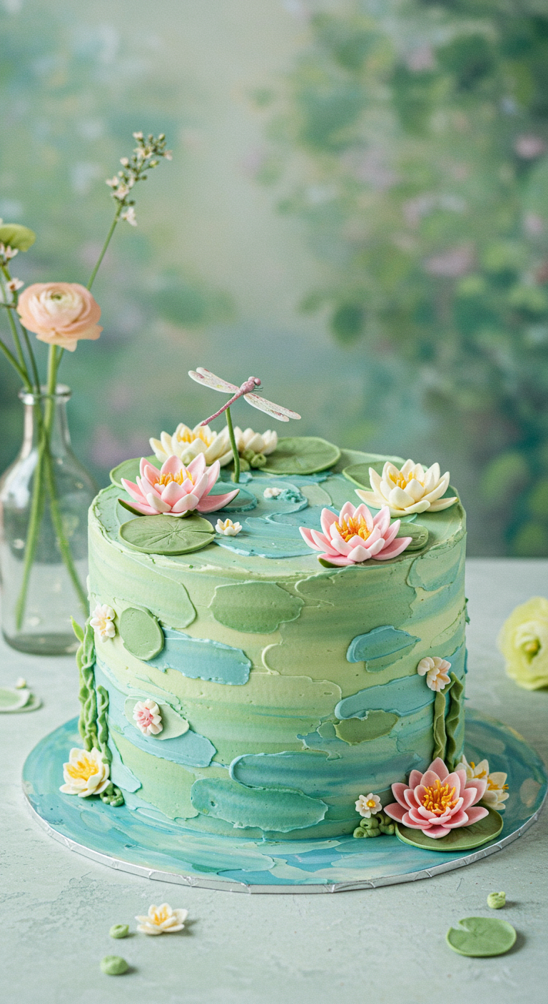 Runde Torte, die einen Seerosenteich mit Zucker-Seerosen und einer Libelle darstellt.