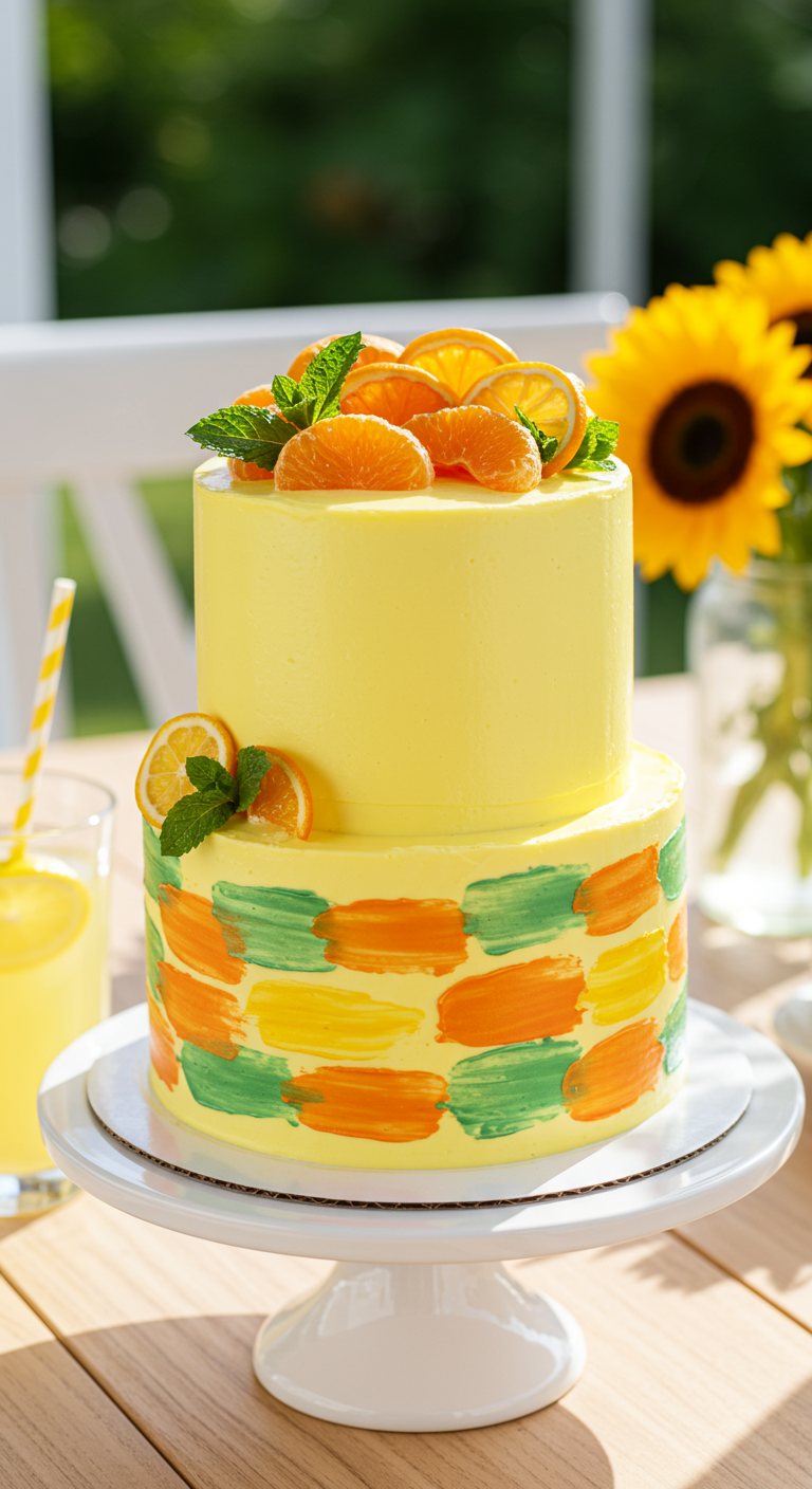 Zweistöckige gelbe Torte mit bunten Farbklecksen und frischen Orangenscheiben dekoriert.
