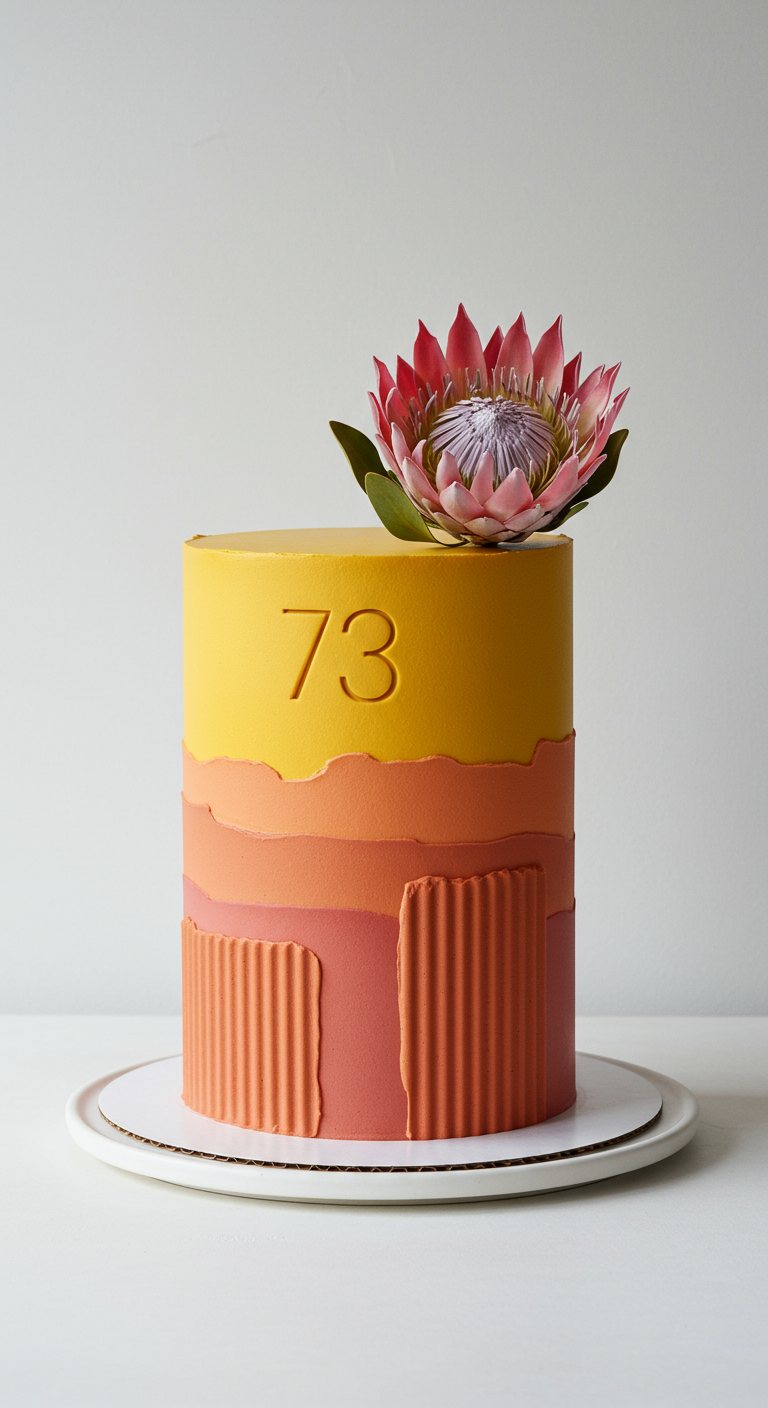 Hohe Ombré-Torte (gelb-orange-pink) mit Wellenstruktur und Protea-Blüte.