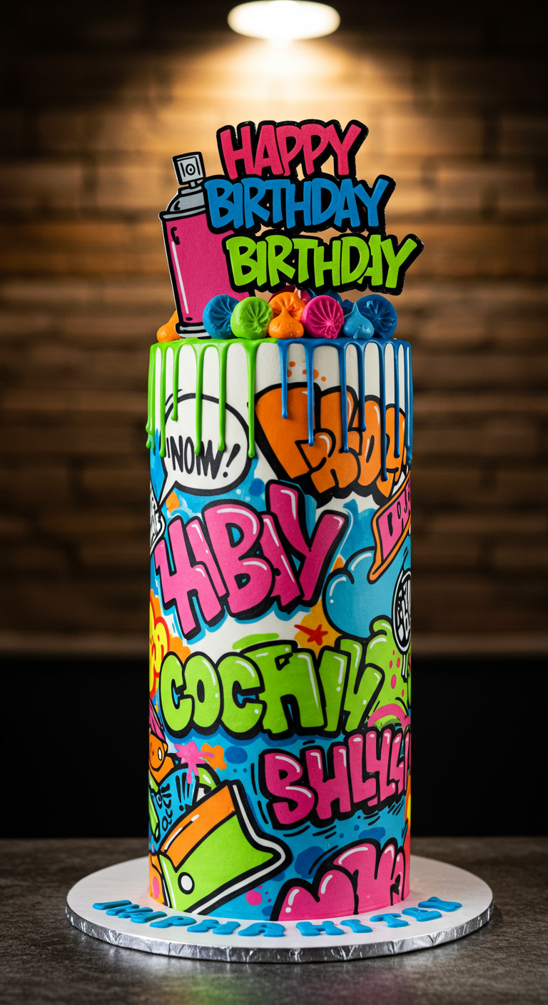 Hohe, zylindrische Torte mit buntem Graffiti-Design und Drip-Glasur.