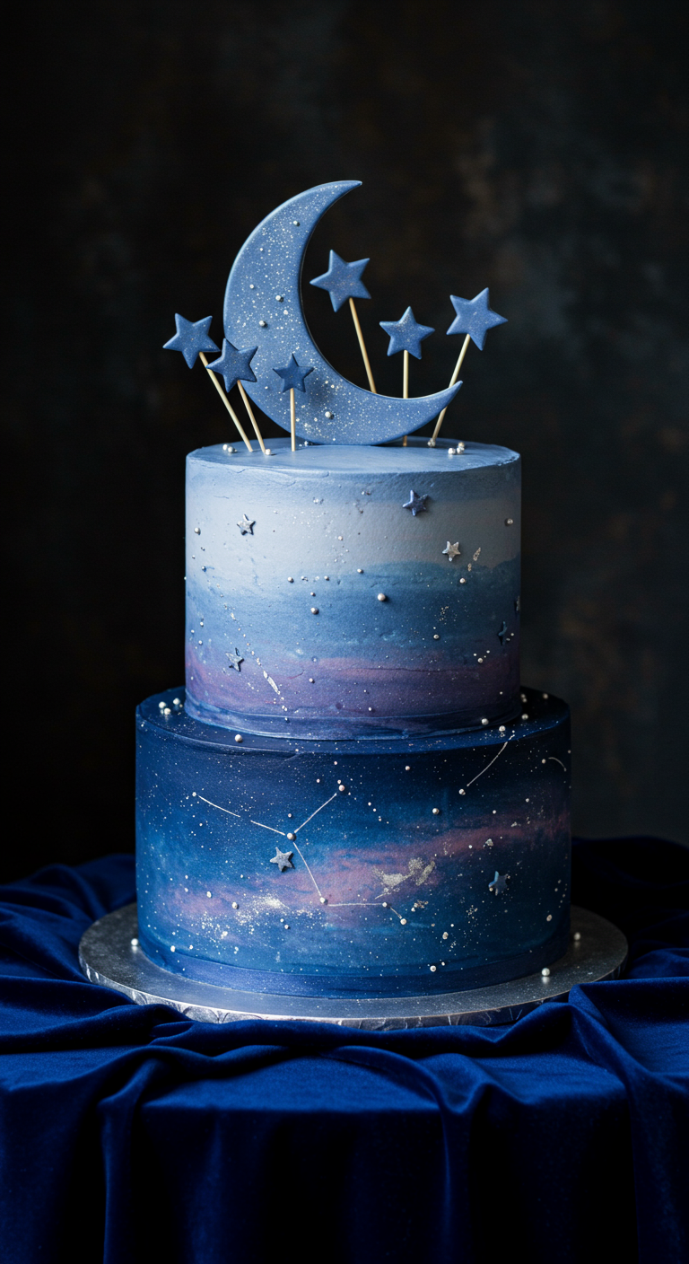 Zweistöckige Galaxy-Torte in Blau- und Lilatönen mit Sternendeko.