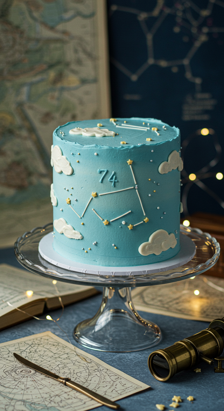 Hellblaue Torte mit weißen Wolken, Sternbildern und goldenen Sternchen.