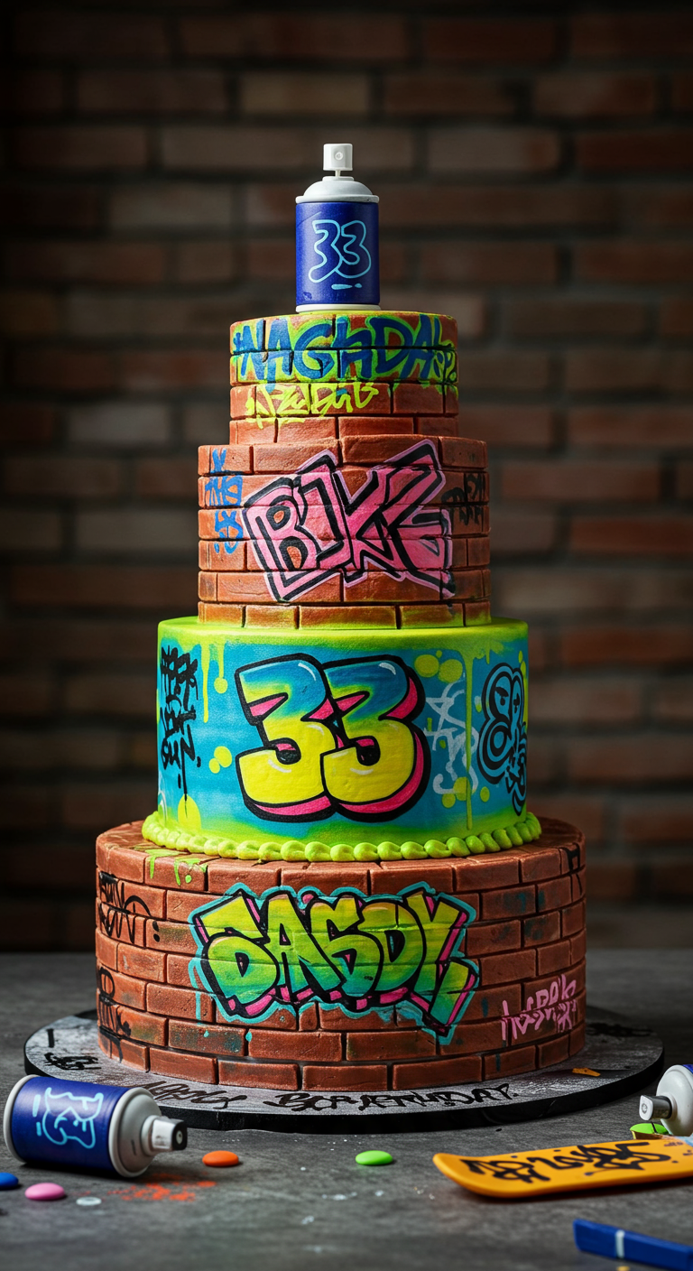 Vierstöckige Graffiti-Torte mit Backsteinmuster, bunten Tags, Sprühdosen-Topper.
