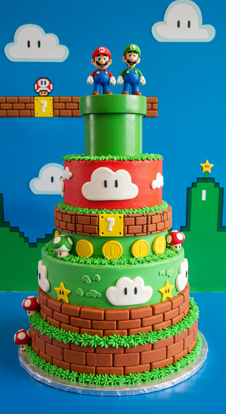 Mehrstöckige Super Mario Torte mit Figuren, Münzen und Pilzen.