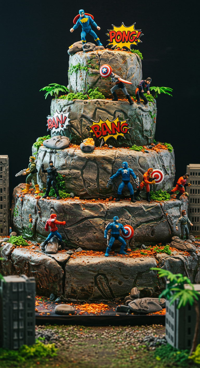 Mehrstöckige Felsen-Torte mit Superhelden-Actionfiguren und Comic-Sprechblasen.