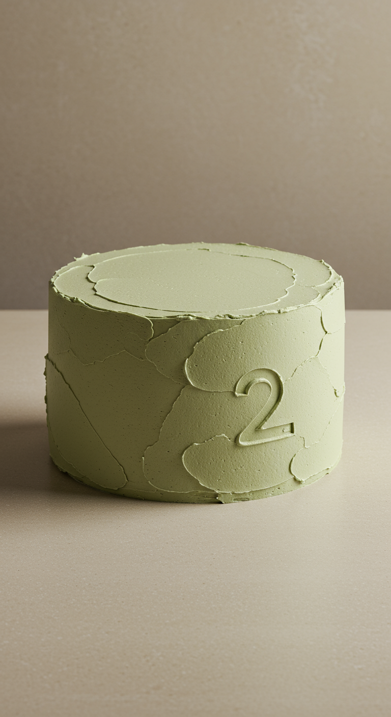 Hellgrüne Torte mit rauer Buttercreme-Textur und eingeprägter Zahl 2.